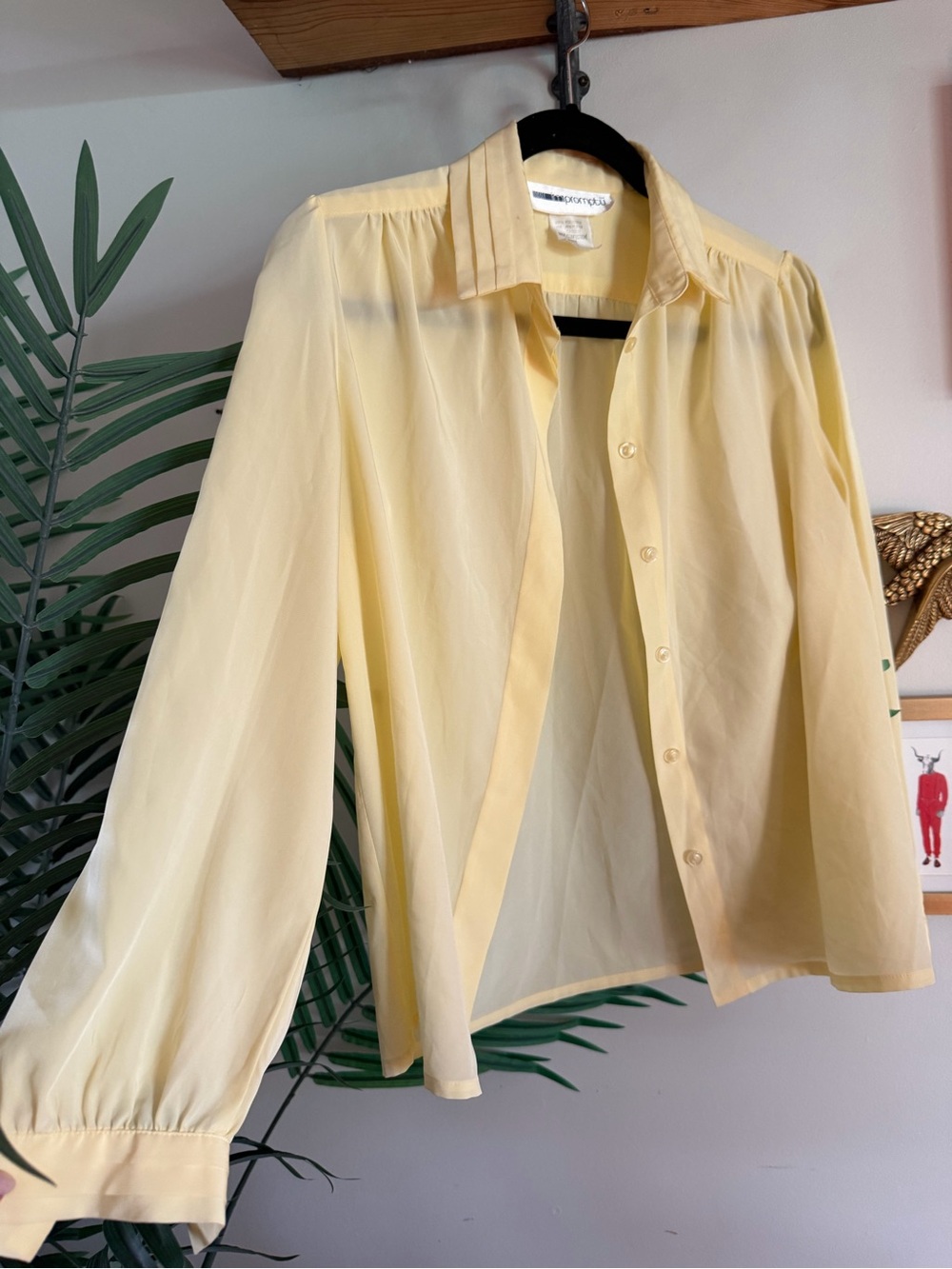 Vintage Butter Yellow Button-Front silk look Women's Blouse